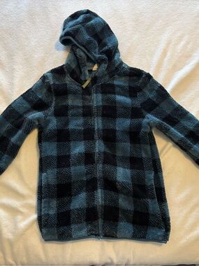 Cozy Blue & Black Plaid Hooded Fleece Jacket - Kids